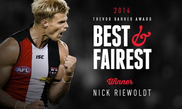 For the 6th time, Nick Riewoldt wins the Trevor Barker Award! 
A champion.

More: stk.lt/1wbxXwq
#SaintsBF14