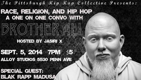 RareNation's tweet photo. Tonight! "Race Religion &amp; Hip Hop" - Come for a great convo with @BrotherAli, hosted by @PghHipHopCollec http://t.co/8pVG369X8M