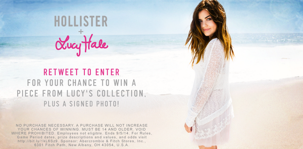 HollisterCo's tweet photo. Ready?! RT for your chance to win a piece from the @LucyHale + @HollisterCo Collection! #LHC #HCoContest http://t.co/GiAQEPfxBX