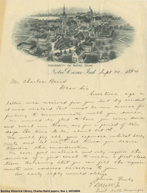 1894 letter from <a href="/NotreDame/">University of Notre Dame</a> requesting @umichfootball teach their students to play football (via <a href="/umichBentley/">UM Bentley Library</a>)