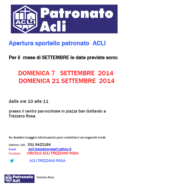 AcliTrezzano's tweet photo. Riparte a Trezzano il servizio del patronato ACLI, tutte le prime e le terze domeniche del mese http://t.co/cQU1RC46Yo