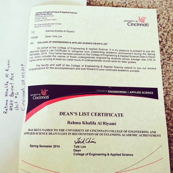AlriyamiRahma's tweet image. Just got my DEAN's List Certificate of Spring Semester 2014
#WeEngineerBetter 
#uofcincy