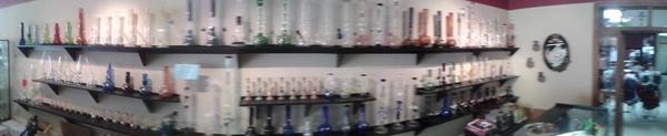 Travg42's tweet image. Panoramic of my local head shop&apos;s #bong selection. #Cannabis #PersonalPreference