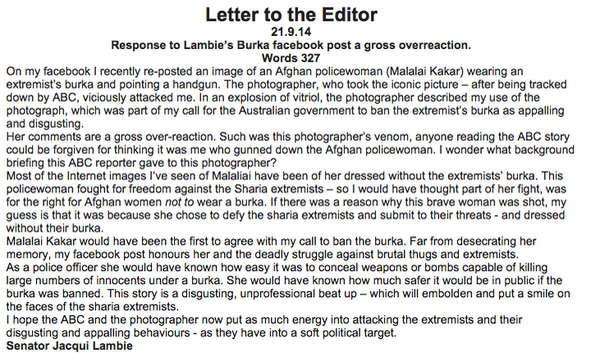 Jem_Kelly's tweet photo. Aus MP defends using pic of slain Afghan policewoman for anti-burqa campaign. Astonishing reading. via @LisaVisentin http://t.co/TCDT4odHP5