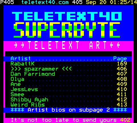 Teletext40's tweet photo. Good news, everyone! All @SuperbyteFest art is now up at http://t.co/zLhBk4uNOh #pixelart #art #teletext :) http://t.co/YZhXh1wg49