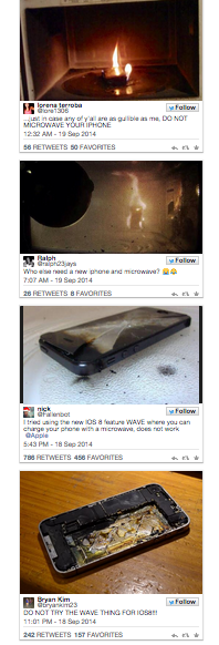 moedetriana's tweet photo. Una web se inventa que con IOS8, el iPhone puede ser cargado metiéndose un minuto en el microondas. Y claro http://t.co/7aBwm6P9tG