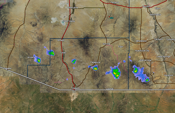 NWSTucson's tweet image. 555 AM: Weak storms along a line from #Huachuca mtns, to #Tubac, to #Arivaca will move WNW@15MPH. T-0.10" psbl. #azwx