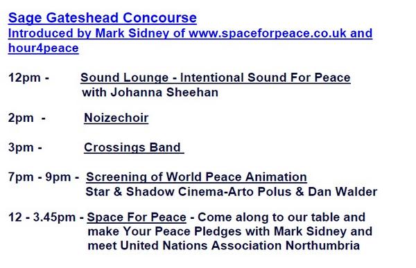 hour4peace's tweet photo. Sound Lounge, @noizechoir ,Crossings Band, Screening of World Peace Animation and @SpaceForPeaceUK at Sage Gateshead http://t.co/h69cOcCJ8u