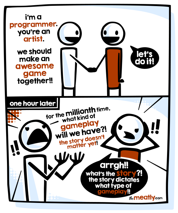 amijlee's tweet image. They're both wrong, start with the player experience. MT @themeatly: The REAL struggle of your game dev team...