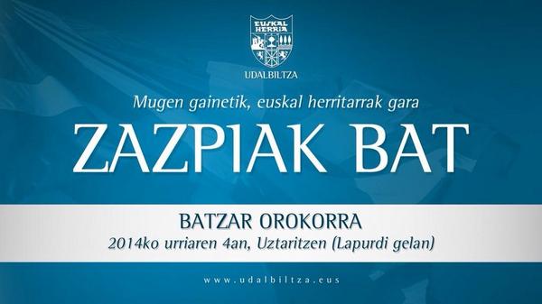 Udalbiltza's tweet photo. Mugen gainetik, euskal herritarrak gara #ZazpiakBat Urriaren 4an, Udalbiltzaren batzar orokorra Uztaritzen http://t.co/akzcZISE8J