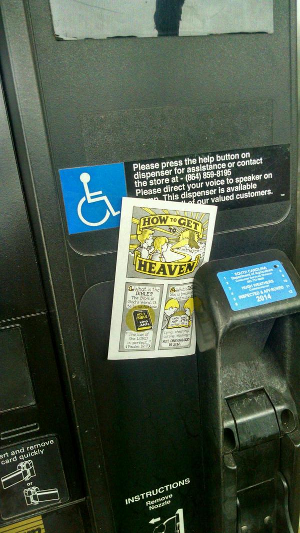 churchbubbleguy's tweet photo. Go ye unto all the gas stations and scare people. #fundamentalism #transactionalevangelism http://t.co/IesBhbsnlT