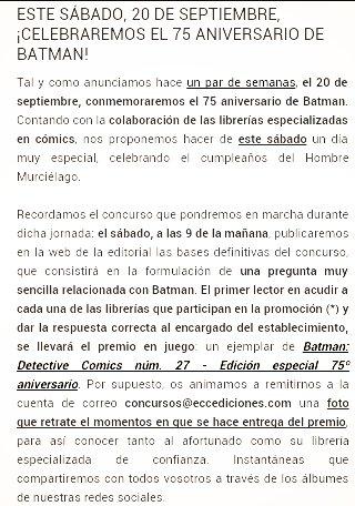 crash_comics's tweet photo. ¡El sábado celebramos con @eccediciones el 75 aniversario de #Batman y hacemos concurso con un regalazo muy especial! http://t.co/aAmyZ2jdvG
