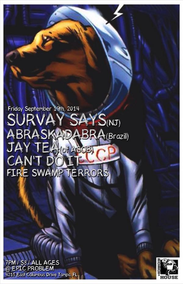 TampaSka's tweet photo. FRI/SEP 19/7PM/$8 @SurvaySays @Abraskadabra @JayTeaSprout @cantdoitstpete +more #floridaska https://t.co/WA6NYRrrvX http://t.co/6yCJtGaGmg