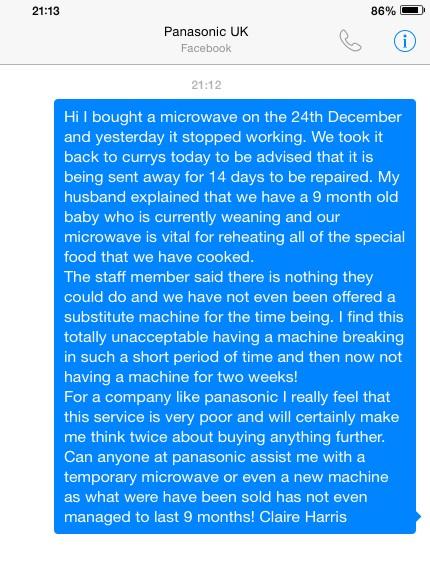 CHarris888's tweet photo. @PanasonicUK very poor service with 9month old microwave. have baby who is weaning and I need a loan or replacement http://t.co/KV5KzJIH7K