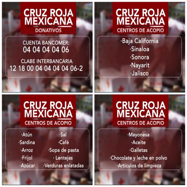 CruzRojaQroo's tweet photo. Cruz Roja Mexicana abre centros de acopio en Baja California, Sinaloa, Sonora, Nayarit y Jalisco. http://t.co/iXGECOJBvc