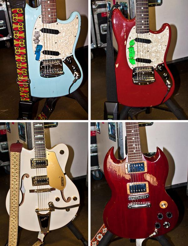 premierguitar's tweet photo. .@CageTheElephant #gearporn from @nickbockrath & #BradSchultz using @Fender stangs, @GretschUSA, & @gibsonguitar SGs! http://t.co/x6OYunjQSz