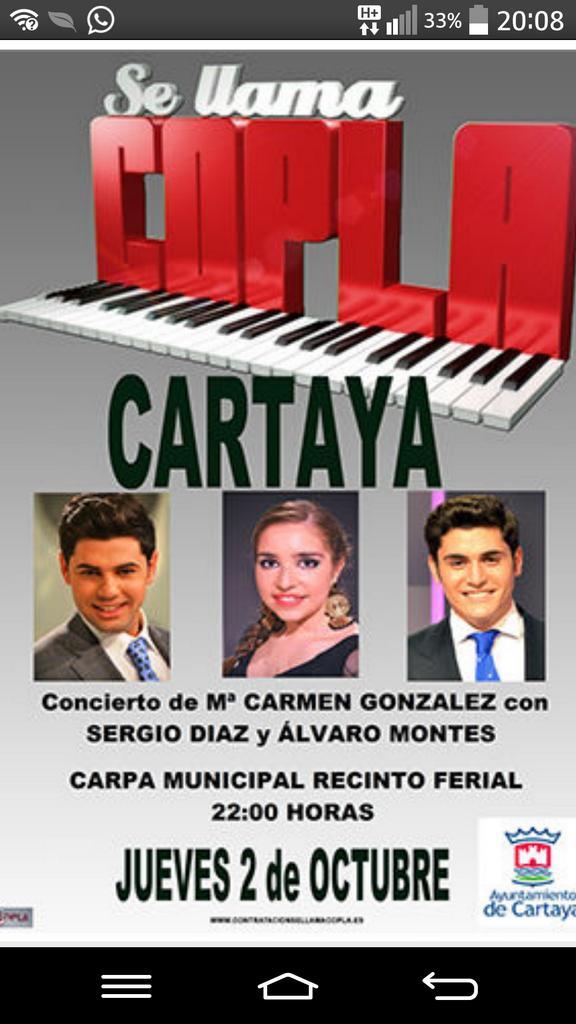 vento239's tweet photo. Jueves 2 de Octubre a las 22:00 en la carpa municipal. M Carmen, Sergio y Alvaro Montes. Acceso gratuito Ayto Cartaya http://t.co/cJk6HMWQPY