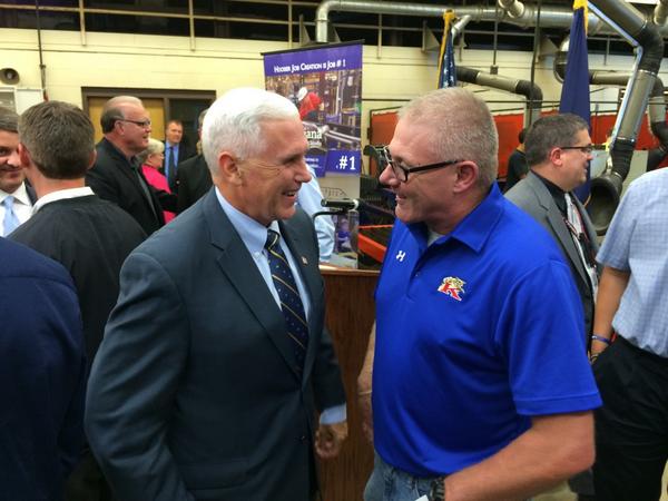 GovPenceIN's tweet photo. Sharing a laugh w/ Mr. Mikesell, a 20 yr Army veteran and the instructor of the welding program here at KACC http://t.co/uTru1gGIx6