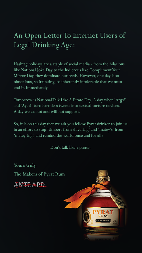 #NationalTalkLikeAPirateDay is tomorrow. A friendly reminder: Don’t talk like a pirate. #NTLAPD