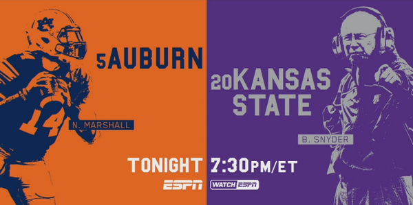 espn's tweet photo. Tonight, 5th-ranked Auburn faces #20 Kansas State in one of the marquee matchups of the early season. http://t.co/YYTtk32dQr