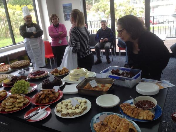 fentnz's tweet photo. The annual #BakeOff between @nzms1990 and #DesktopImaging at 32b Feat. honourable guest judge @Michael_J_Parry #YUMMY http://t.co/fhvqbqp4Zh
