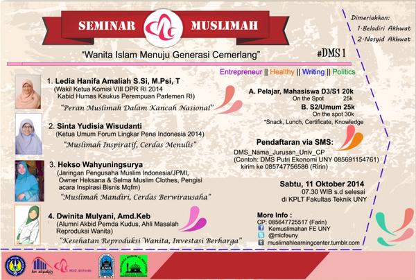 HCJogja's tweet photo. #Event @MLCfeuny:Seminar Kemuslimahan | 11 Okt' 2014 | 07.30 - end | KPLT FT UNY | S1 20k S2/Umum 25k | 085747756586 http://t.co/v6EpykB8n1