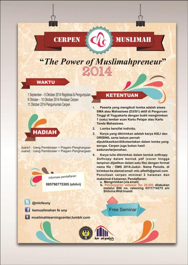 HCJogja's tweet photo. #Event @MLCfeuny:Seminar Kemuslimahan | 11 Okt' 2014 | 07.30 - end | KPLT FT UNY | S1 20k S2/Umum 25k | 085747756586 http://t.co/v6EpykB8n1