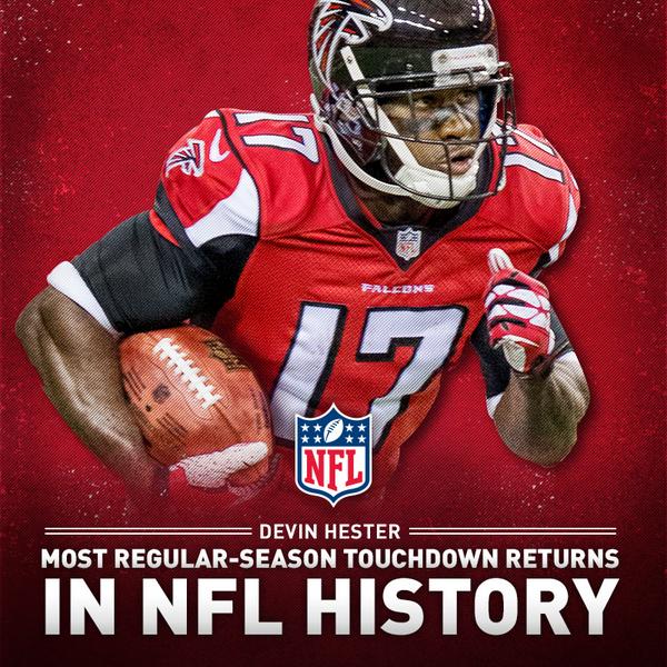 AtlantaFalcons's tweet photo. With that return, @D_Hest23 broke @DeionSanders' NFL record. He now has 20 return TDs. #RiseUp #TBvsATL http://t.co/42t9UQWAC9