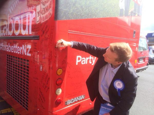 jcolemanmp's tweet photo. It was great to have the chance to write "5 new taxes" on the Labour bus in Birkenhead just now. #WorkingforNZ http://t.co/iBGgccM3Ap