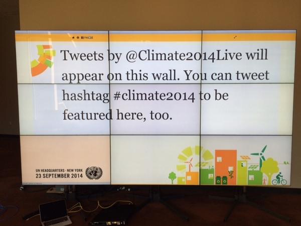 Climate2014Live's tweet photo. Twitter wall outside of @UN #Climate2014 plenaries waiting to display #climateambition announcements &amp; your tweets! http://t.co/sJOu8R7bgy