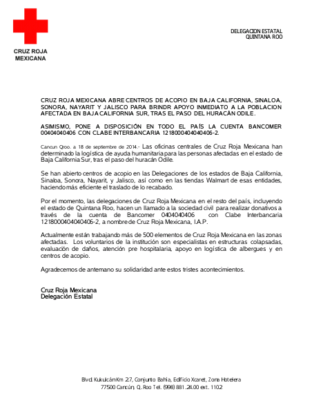 CruzRojaQroo's tweet photo. Comunicado http://t.co/OrGhu9Xo30