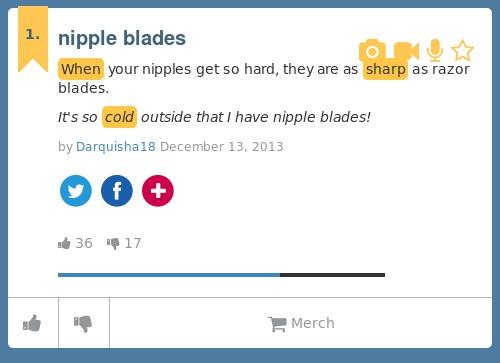 Urban Dictionary on X: @TEDDDAYYY nipple blades: When your nipples get so  hard, they are as sharp as razor blades.    / X