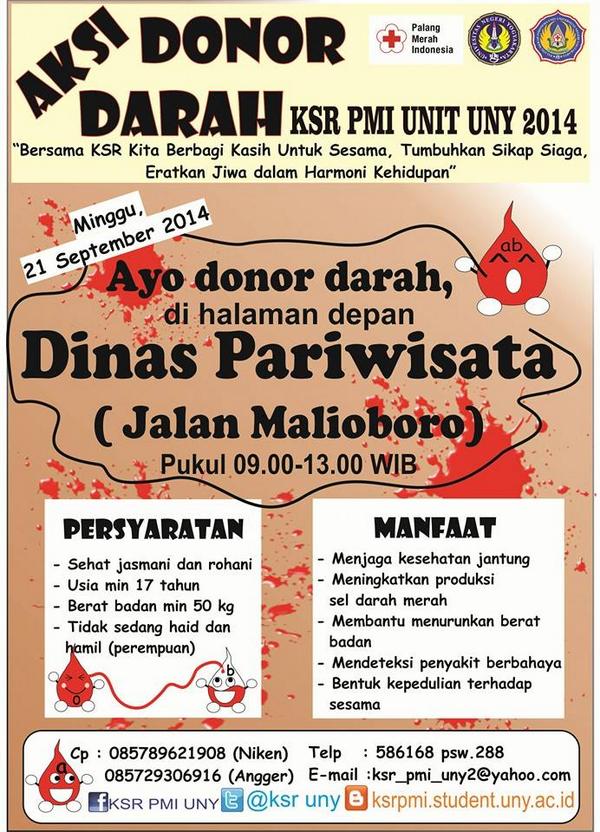 21/9/14 9.00 Donor Darah di Halm dinas pariwisata ( jl. Malioboro) | 085789621908