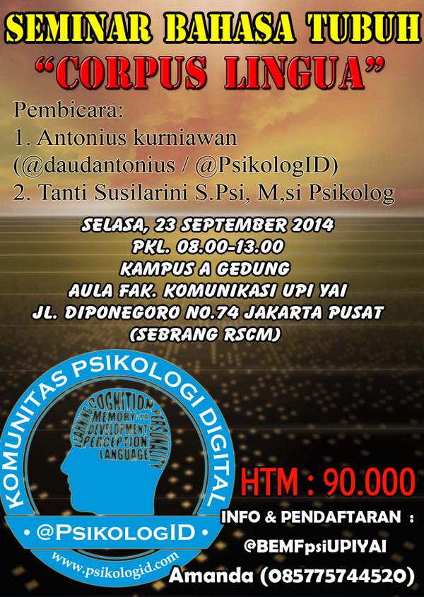psikologid's tweet photo. Seminar Bahasa Tubuh #Jakarta - UPI YAI- 23 September | 08.00 | Info : 085775744520 (Amanda) HTM : 90k http://t.co/GdeRe4EsCy
