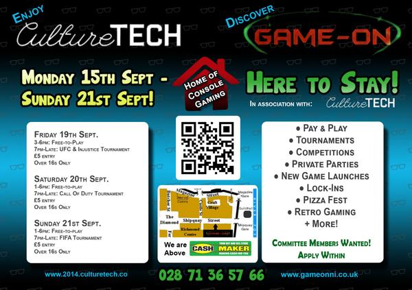 GameOnNI's tweet image. Don't forget folks...we are open TODAY for FREE PLAY 'City Arcade' from 3pm until 6pm in association with CultuerTech
