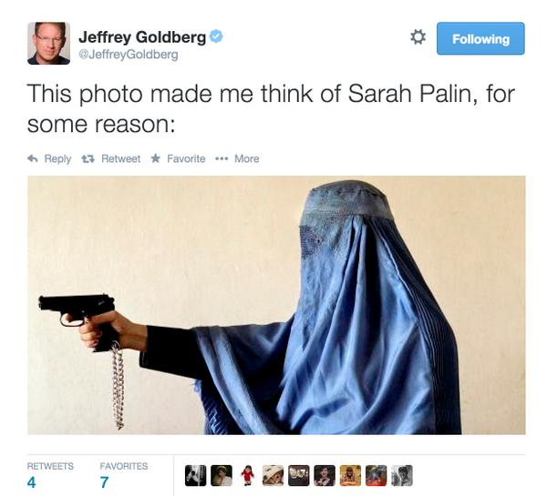 Bloomberg hack jeffrey goldberg tweets, deletes Muslim with gun pic reminding him of Sarah Palin