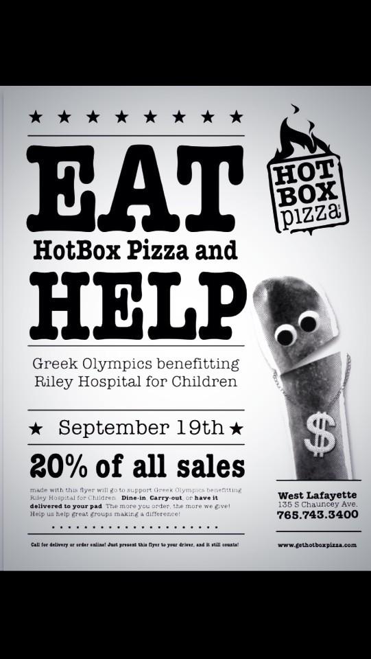 Eat Pizza for the kids! Come support the kids by eating <a href="/HotBoxPurdue/">HotBox Pizza Purdue</a> this afternoon!