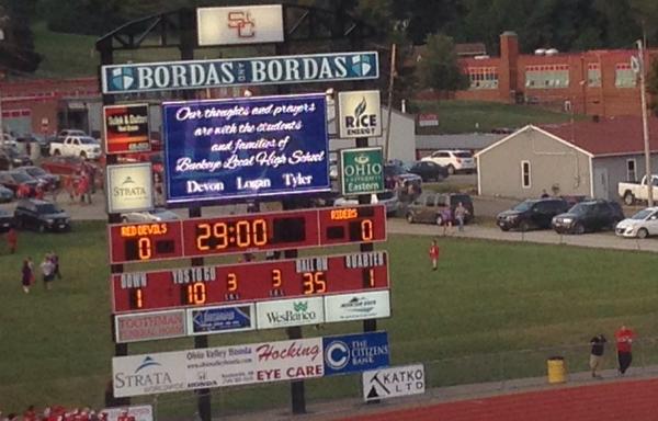 Seth_Staskey's tweet photo. Nice tribute on the Stc scoreboard for the BL student athletes injured. http://t.co/npV3Ukzt21
