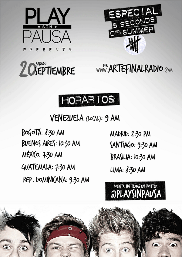 AshtonI_Col's tweet image. Mañana habrá un especial de 5SOS, lo pueden escuchar en artefinalradio.com ...Horarios:  (@5SOSNoticias).