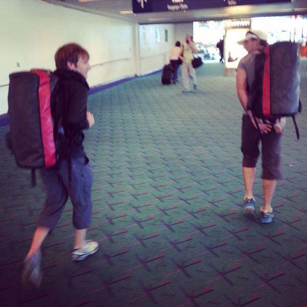 terriwhitehead's tweet photo. US college football teams at airport had team gear. So does this ultimate trio. 3/4 pants &amp; onsight bags ftw! http://t.co/gXlcXpLmgd
