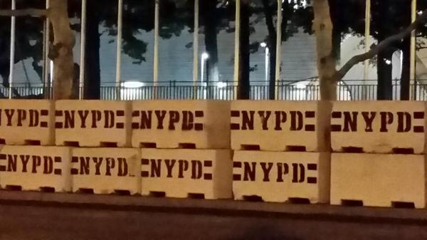 innercitypress's tweet photo. Photo: also at #UN, along with #ClimateMarch messages: huge #NYPD cement blocks. #UNlearningFear http://t.co/C67dfiRv7I