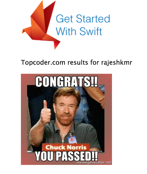 rajeshkumar's tweet photo. I Passed! http://t.co/JqqWBjdqju @topcder #getswifter http://t.co/hEnEoXmgiq