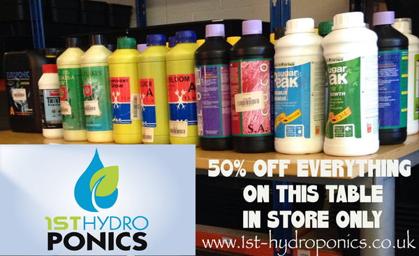 1stHydroPonics's tweet photo. 50% off everything on this table in store! Visit us today while stocks last for #hydroponic #nutrients http://t.co/8a2Qq0XEEC