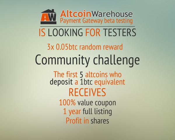 AltWarehouse's tweet image. Community Challenge!! Random rewards for testers!! Share &amp;amp; RT!! Test our gateway bit.ly/1rtkITp