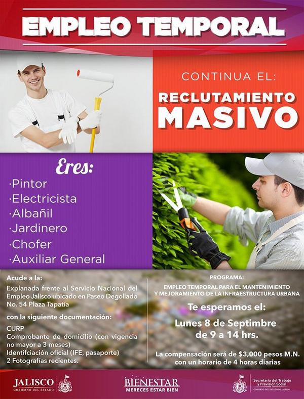 Gobierno de Jalisco (@gobiernojalisco) on Twitter photo #EmpleoTemporal. <a href="/STPSJALISCO/">STPS JALISCO</a> te invita al reclutamiento masivo que se realizará hoy de 9 a 14 hrs en Plaza Tapatía #EmpleoTemporal. <a href="/STPSJALISCO/">STPS JALISCO</a> te invita al reclutamiento masivo que se realizará hoy de 9 a 14 hrs en Plaza Tapatía