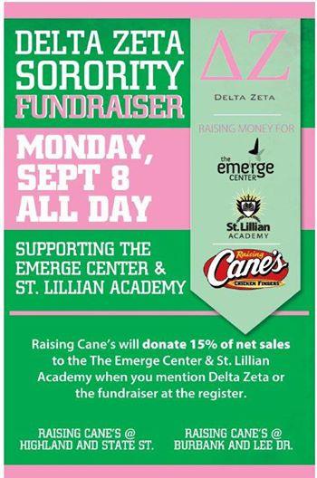 Stop by Raising Cane's at Highland or Lee and mention Delta Zeta to help us raise money for our local philanthropies!