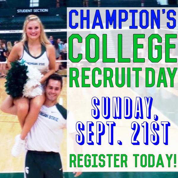 ChampionCamps's tweet photo. Cheer in college, get recruited! Don't miss out on Champions College Recruit Day on Sunday, Sept. 21st! SEE YOU THERE http://t.co/NEuMdwe69W