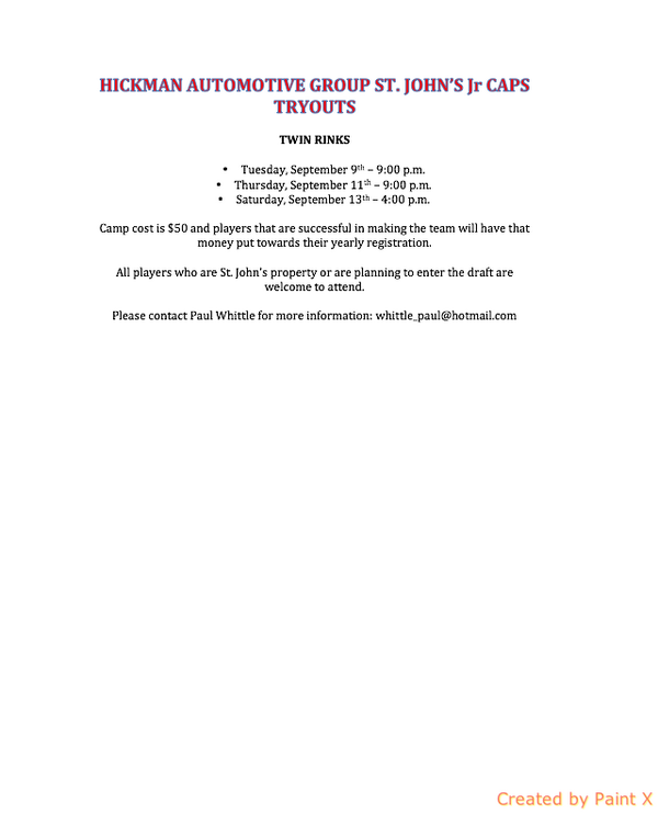 A reminder that camp beings for the Junior Caps tomorrow! 9pm at twin rinks