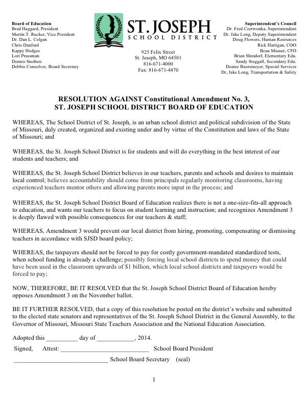 StJosephSchools's tweet image. #SJSD Board of Education unanimously approves resolution opposing Amendment 3. @LocalSchoolsMO #MoNoOn3