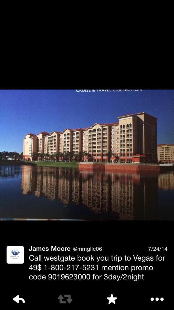mmgllc06's tweet photo. Call westgate resorts 1800-217-5231 for ur special rate 99$ 4days/3nights Vegas or Disney. Promo code 9019623000 http://t.co/pH1hRzN9zs